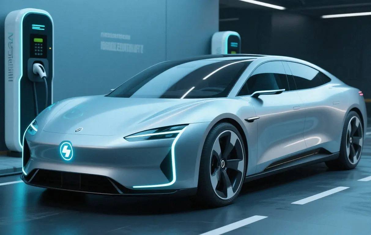 Modern electric vehicle representing custom sheet metal applications in the automotive industry