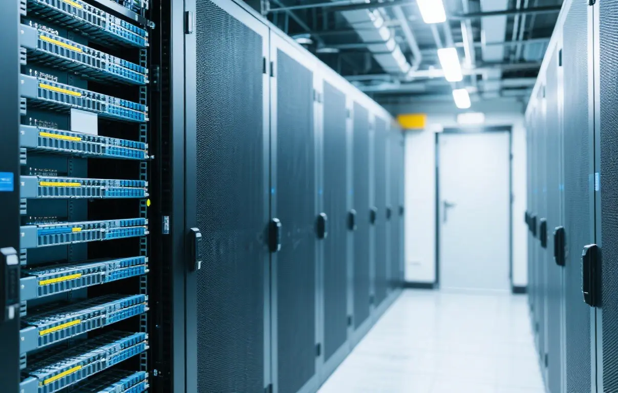 Rows of mesh server racks inside a data center, showcasing sheet metal fabrication for IT infrastructure hardware