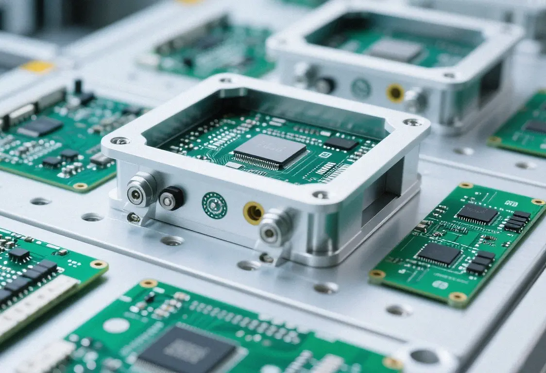 Custom metal electronics enclosure with circuit board, illustrating sheet metal fabrication for electronic industry projects