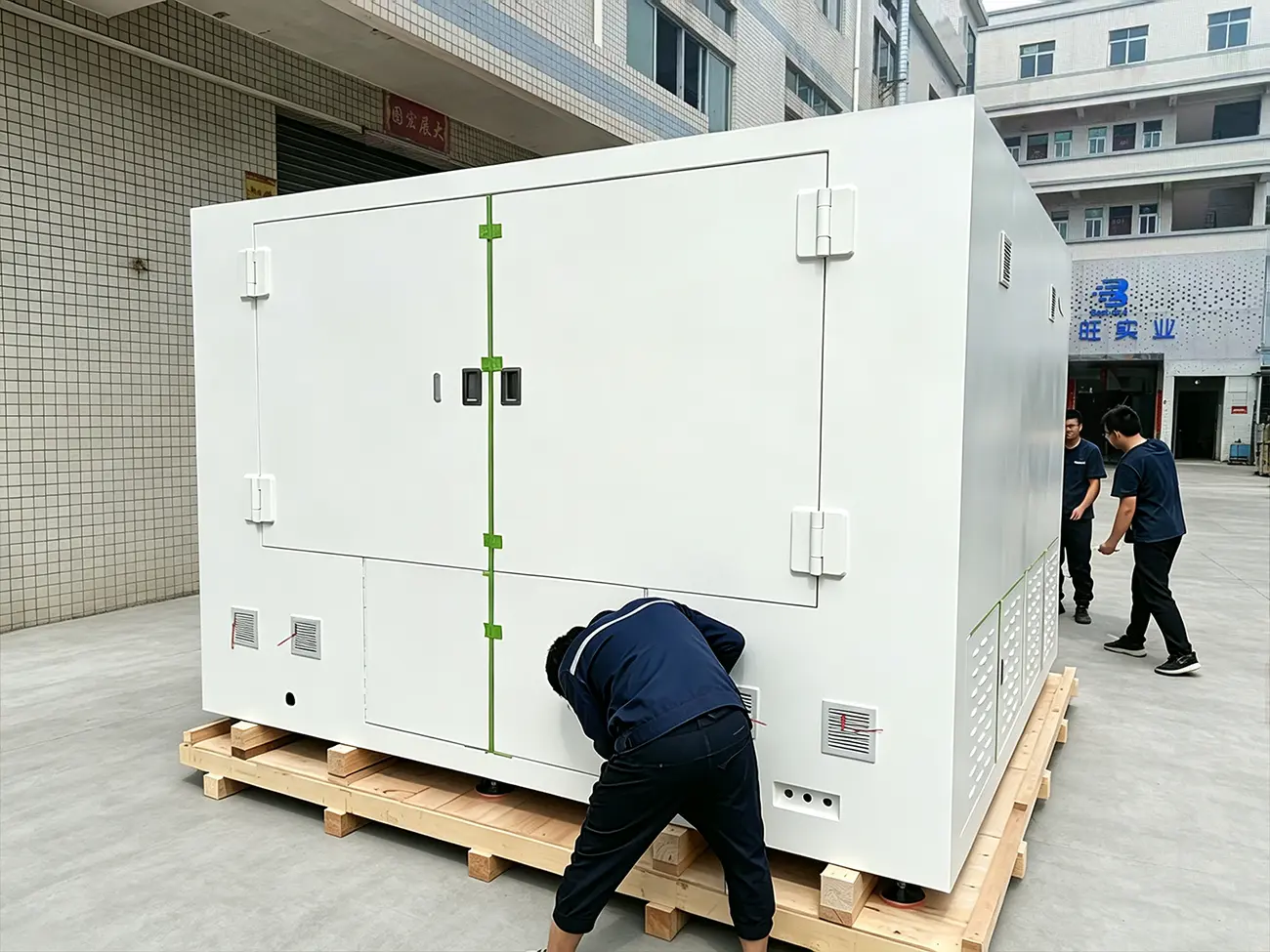 Custom metal radiation shielding cabinet built for industrial CT scanning NDT equipment, shown at our production workshop