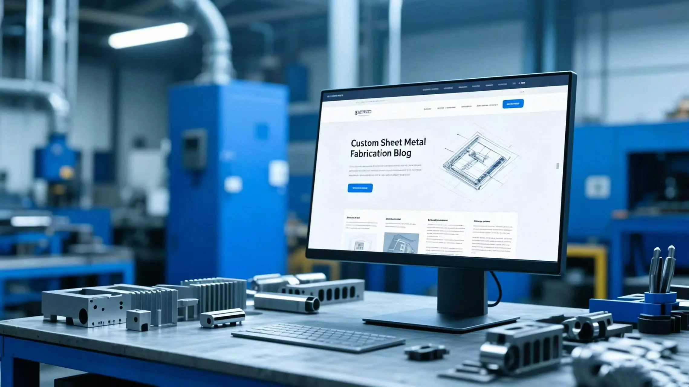 Desktop monitor displaying the BW Sheet Metal blog beside finished metal parts in a manufacturing workshop