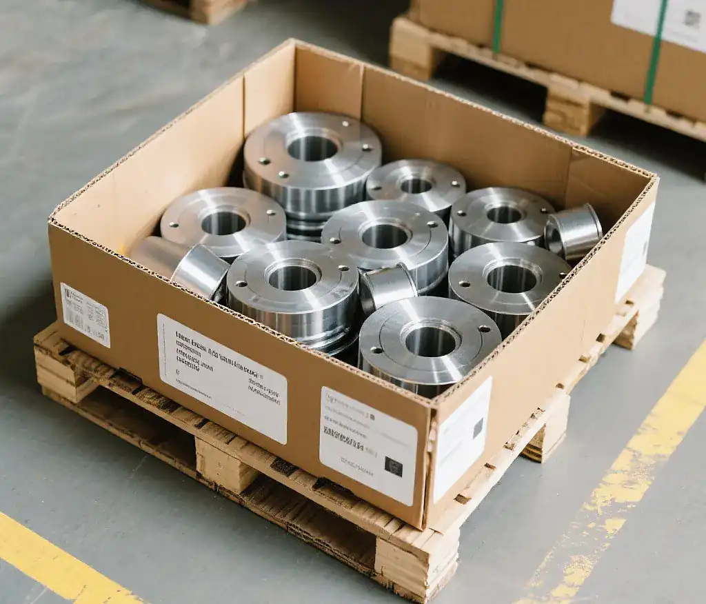 Box of finished machined parts ready for delivery
