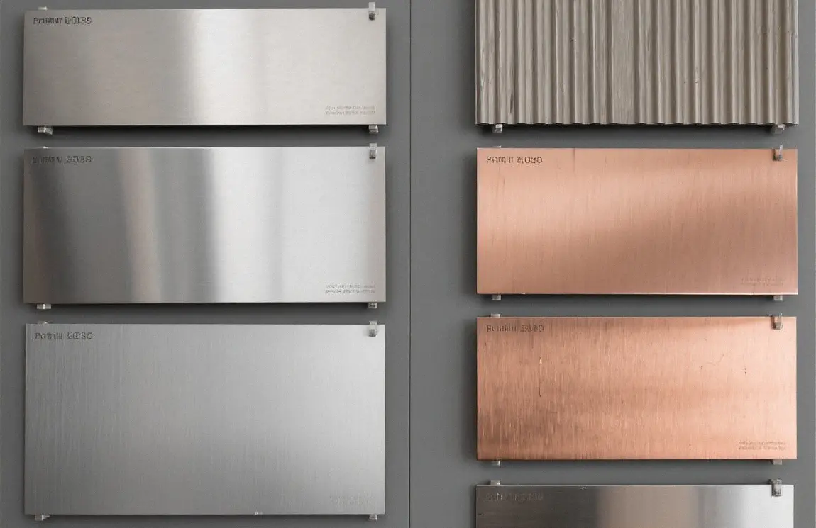 Architectural grade metal sheet material samples including brushed stainless steel, aluminum, copper and brass
