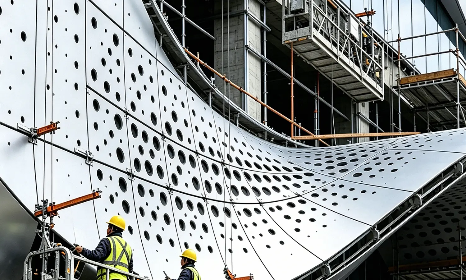 Workers installing curved perforated metal facade panels on a modern commercial building.