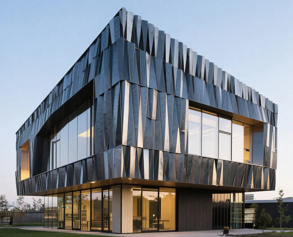 Commercial building clad with custom metal facade panels.