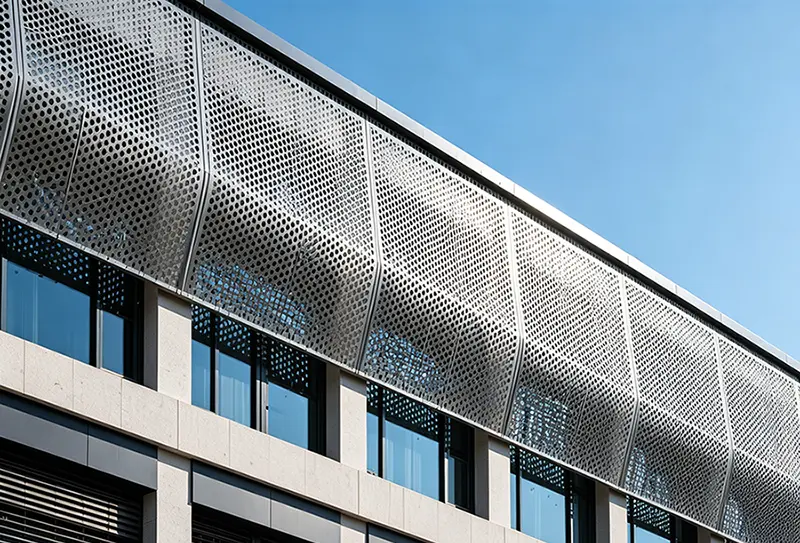 Perforated stainless steel sunshade panels installed on a modern building facade.