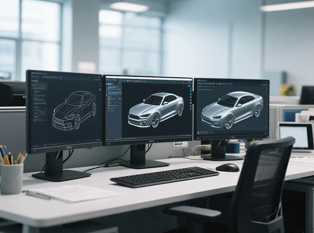 Engineer workstation with multi-screen automotive CAD drawings, DFM design optimization support for custom auto sheet metal components