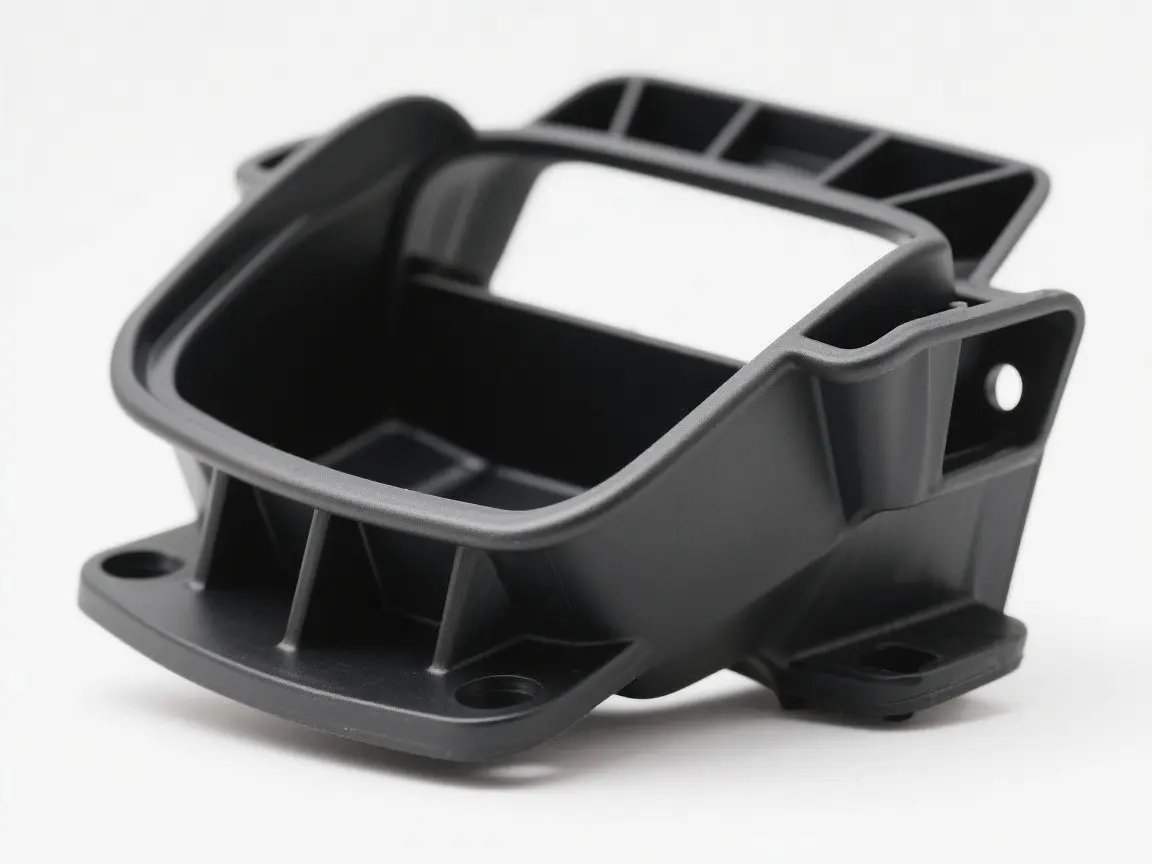 Black molded plastic automotive structural component, sample of plastic composite material options for custom auto parts manufacturing