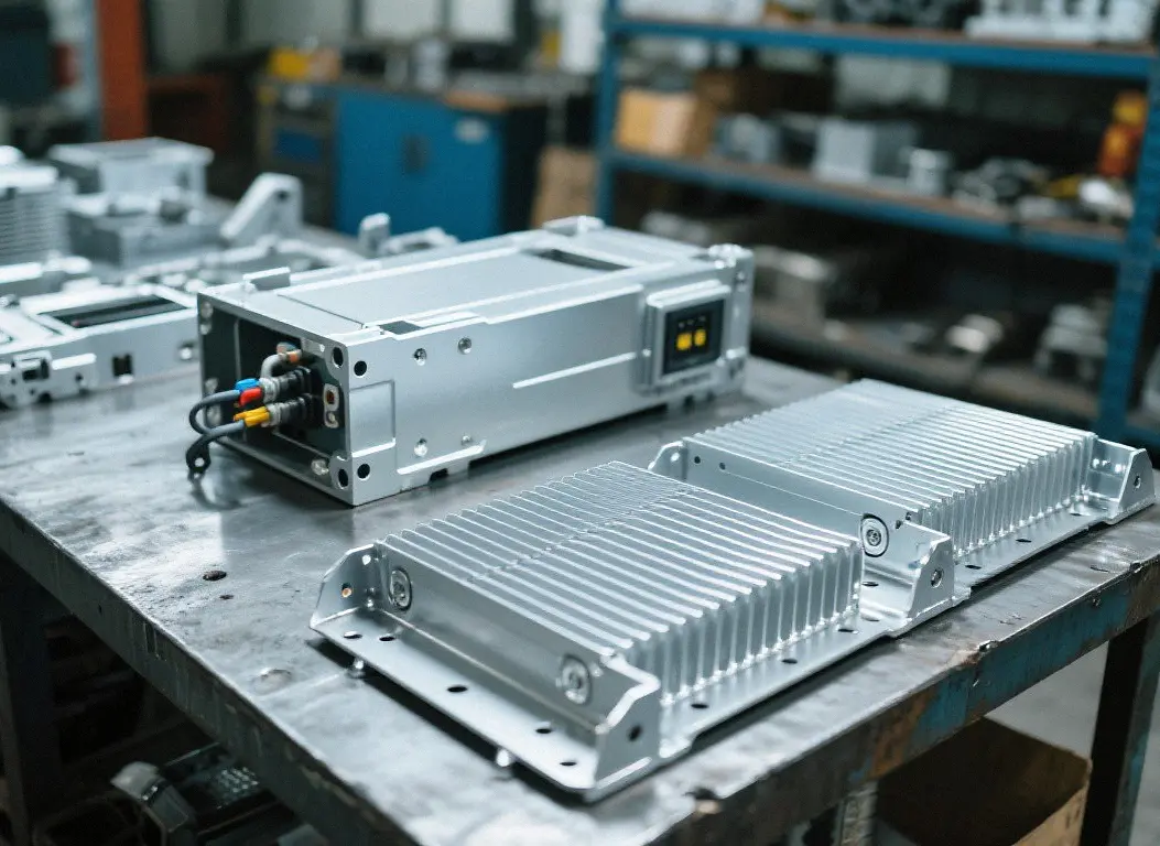 Custom-fabricated aluminum enclosure and heat-sink components for an electric-vehicle power-control unit.