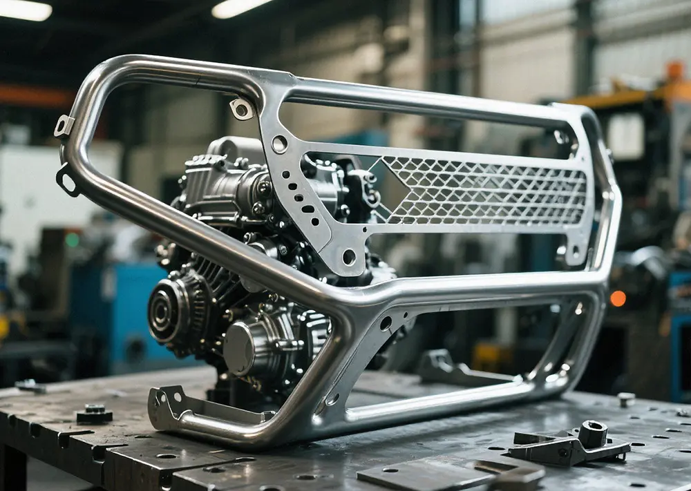 Custom fabricated sheet metal engine guard frame with mesh airflow design, heavy-duty metal protective bumper for automotive engine components