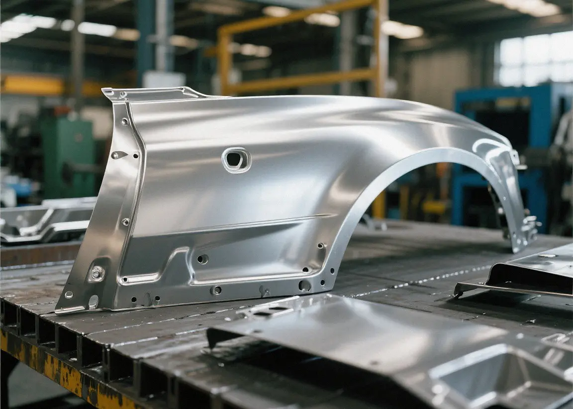 Custom formed sheet metal automotive fender assembly, precision stamped vehicle body panel manufactured to exact client specifications