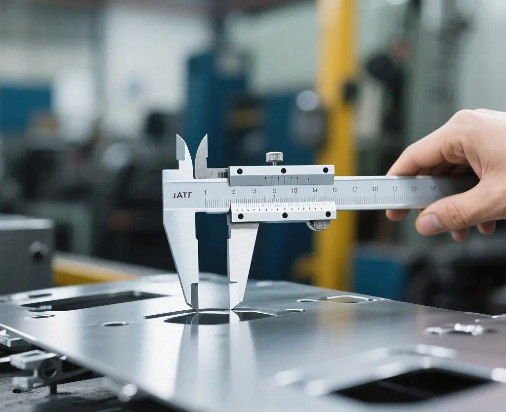 Inspector measuring an automotive sheet metal component with a vernier caliper.