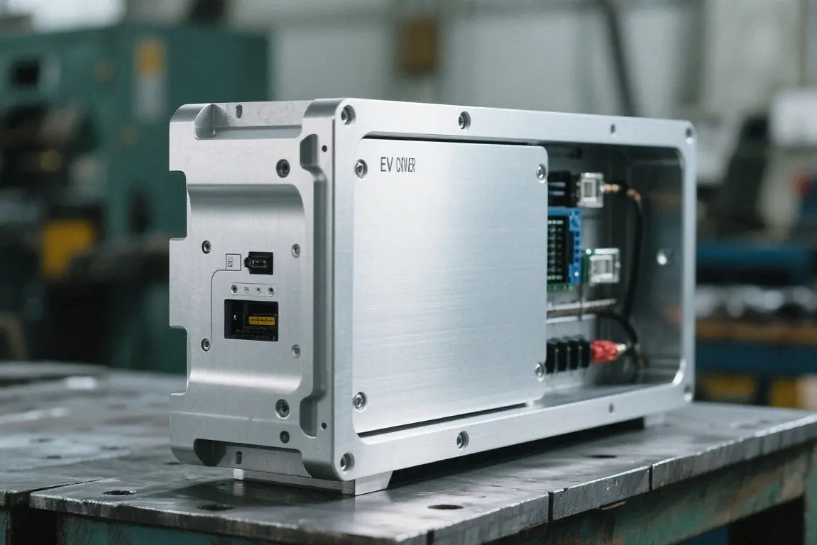 Custom precision aluminum sheet metal EV driver controller enclosure, fabricated automotive electronic housing for new energy vehicle systems