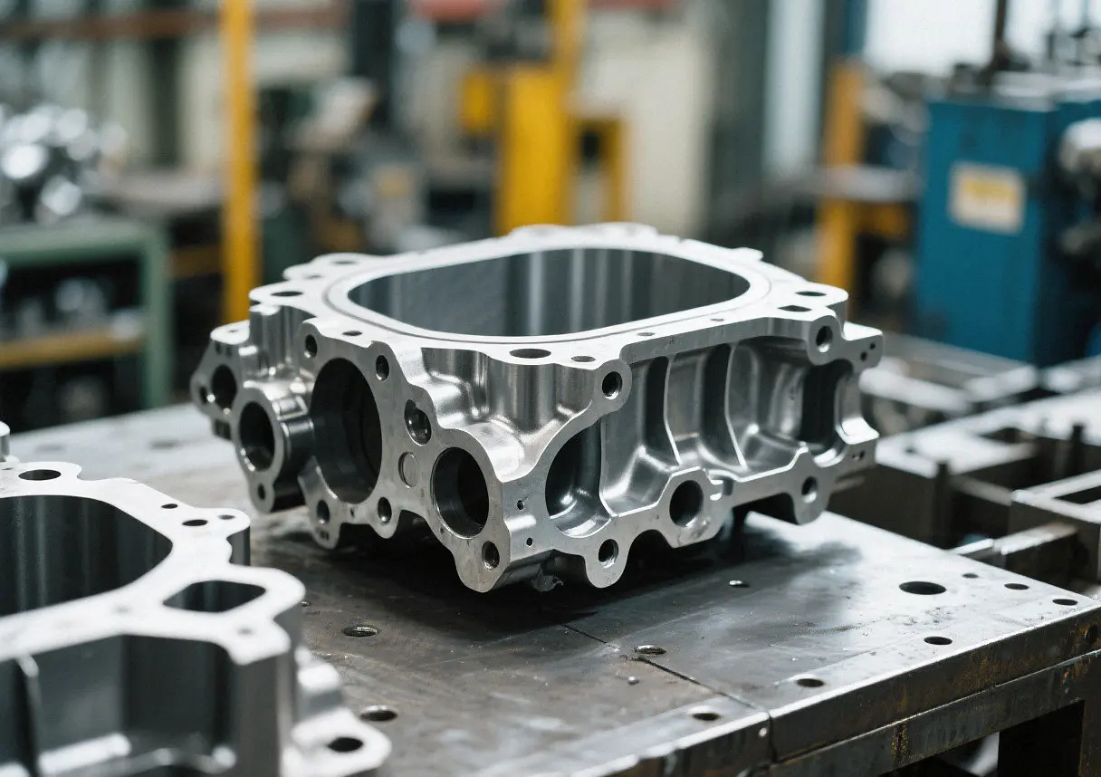 Precision machined aluminum automotive transmission housing, custom metal enclosure protecting vehicle gears and moving components