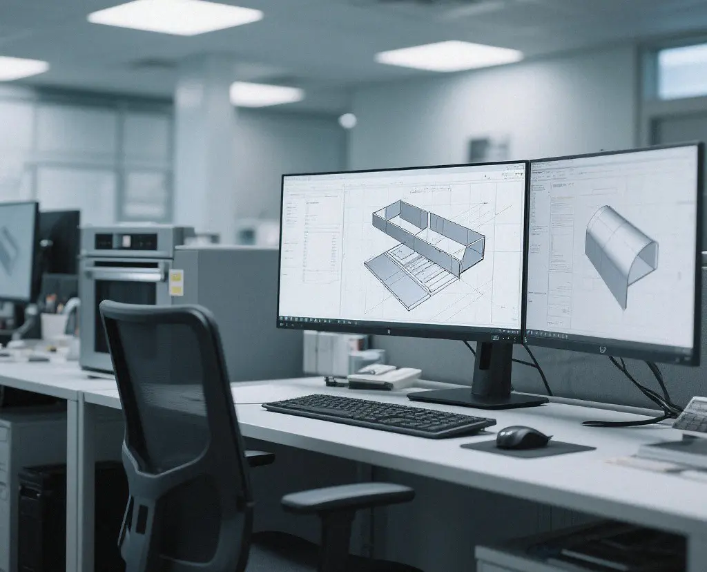Engineer reviewing a custom consumer-product enclosure design in CAD.