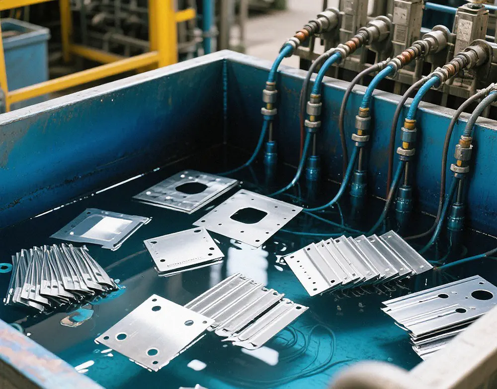 Sheet metal hardware undergoing industrial surface finishing treatment, premium coating process for household consumer appliance components