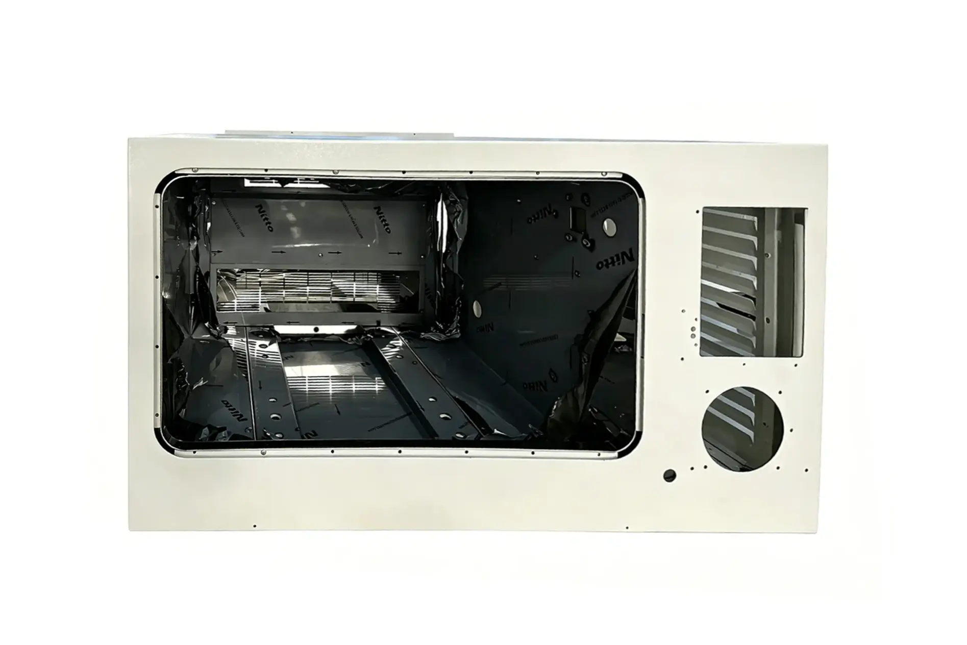 Custom stainless steel kitchen appliance housing on production line, sheet metal fabricated consumer product cabinet for home cooking equipment