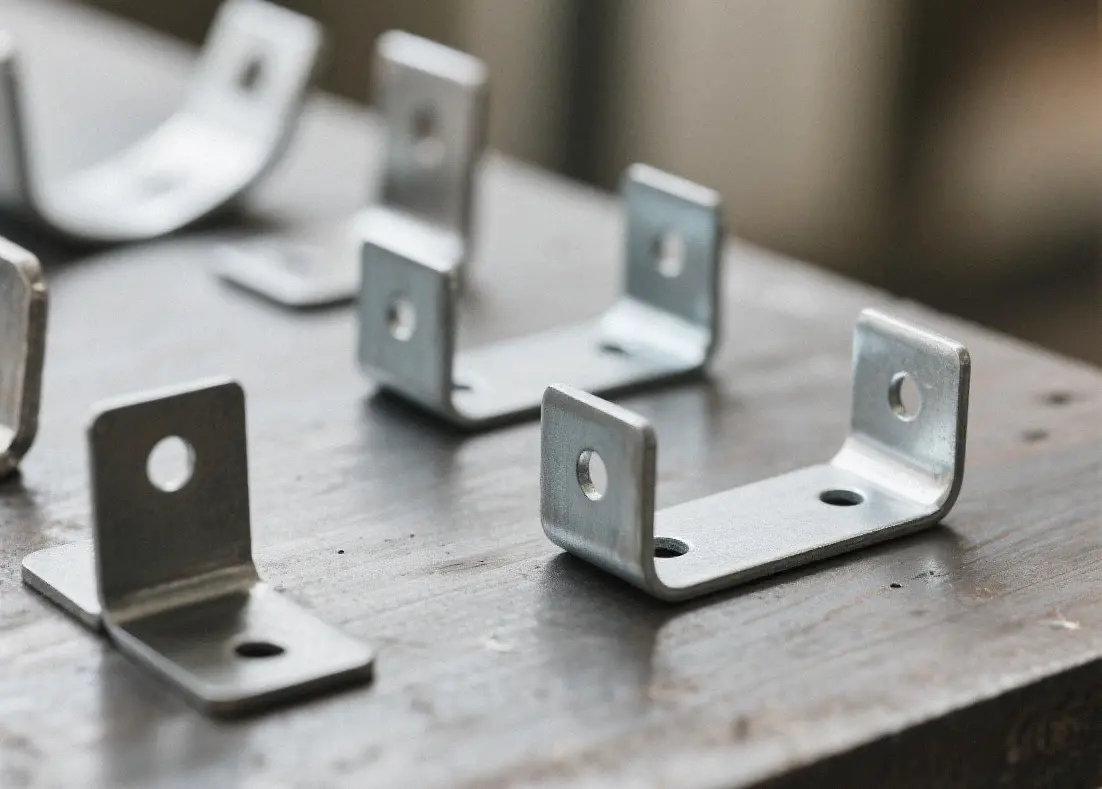 Custom bent sheet metal L-shaped mounting brackets, decorative and structural metal hardware for furniture and household consumer goods