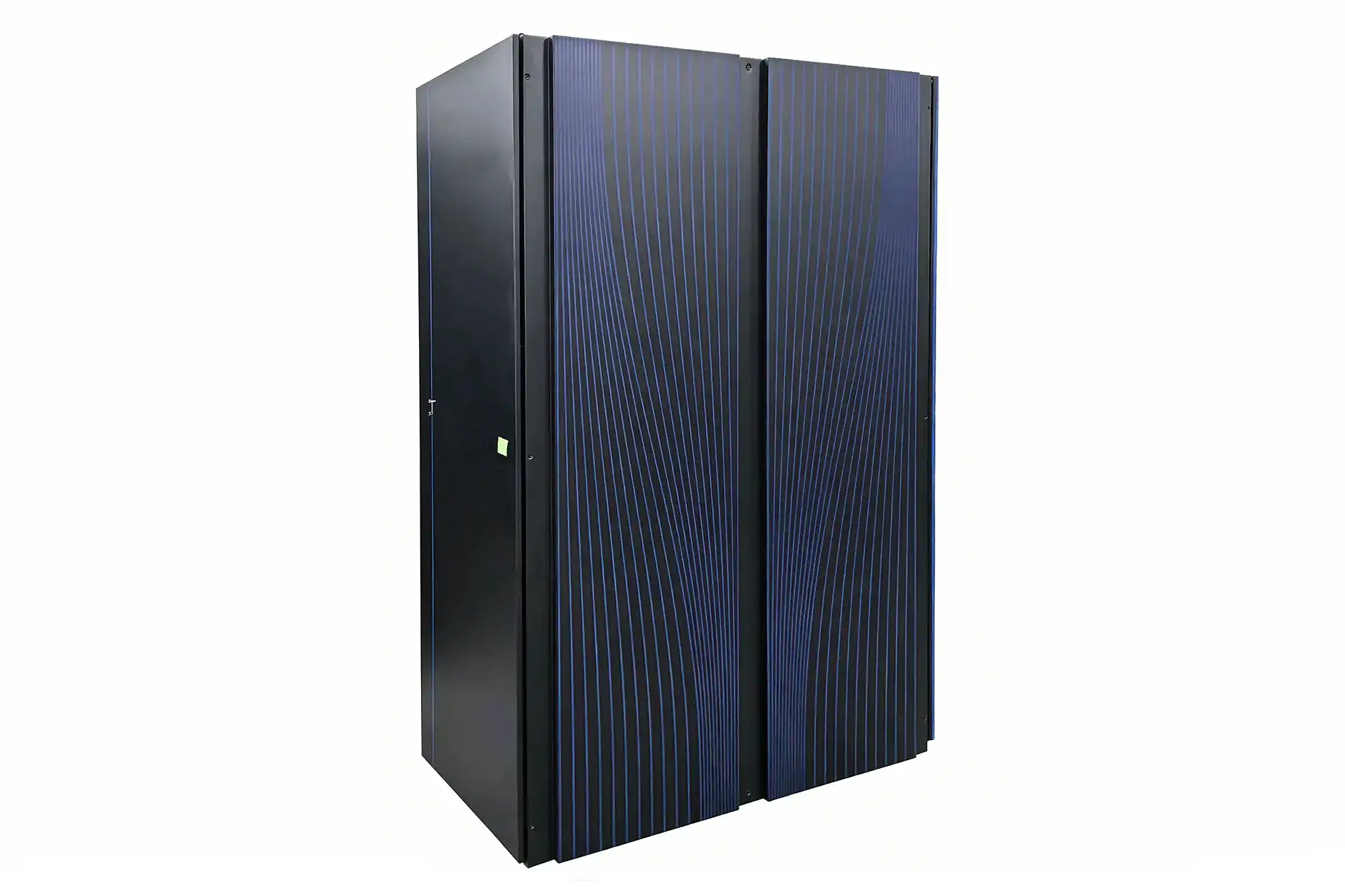 Black server cabinet with curved blue accents in a high-density data center.