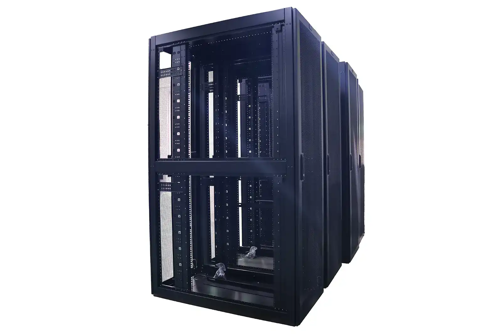 Black mesh front door sheet metal server rack cabinet custom fabricated for data center IT equipment installation