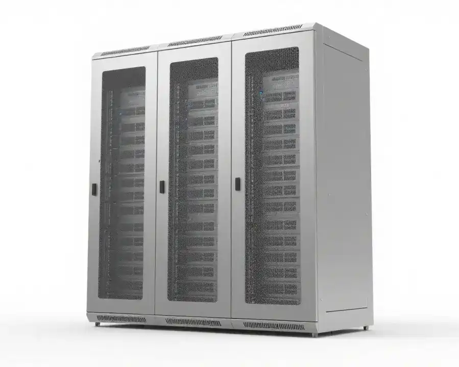 Custom precision sheet metal fabricated three-door mesh server cabinet for data center IT equipment storage