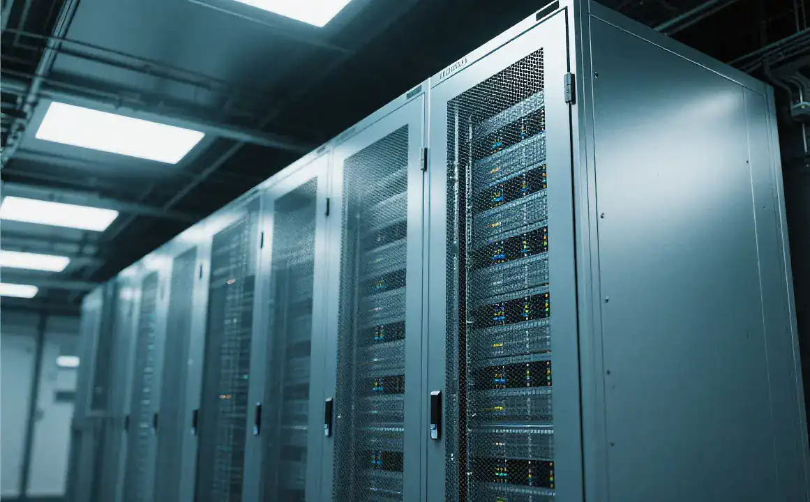 Rows of custom mesh-door server racks in a data center.
