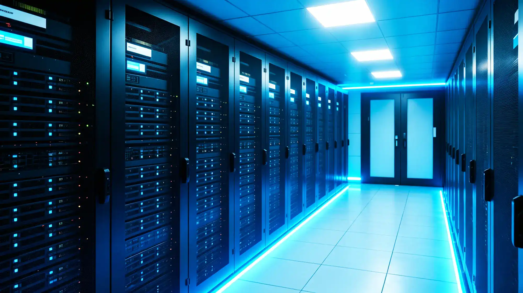Modern data center with rows of server racks and cabinets