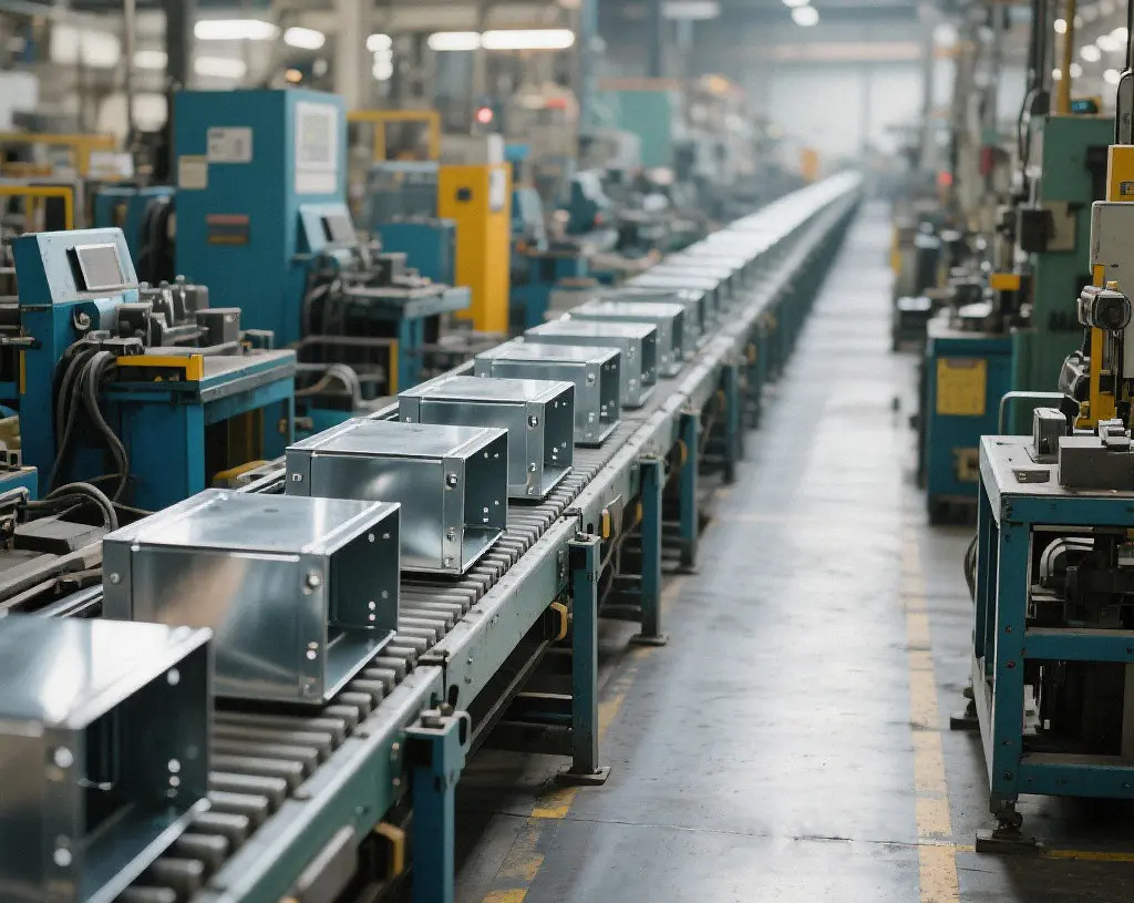 Automated factory conveyor line producing custom sheet metal electronics enclosures, efficient mass production for fast lead time delivery