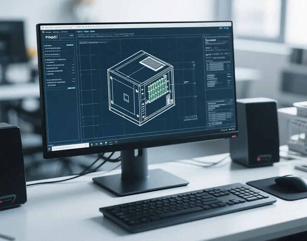 Engineer CAD drawing of metal electronic enclosure on office monitor, industrial sheet metal design engineering support workstation