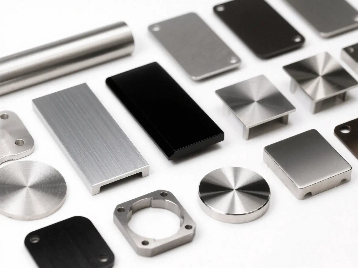 Custom machined electronic hardware parts with multiple premium metal surface finishes for consumer and industrial electronics applications