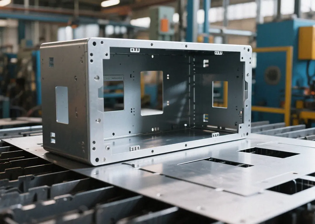 Custom precision fabricated sheet metal electronics housing, unfinished metal electronic device cabinet enclosure manufactured for industrial electronic equipment