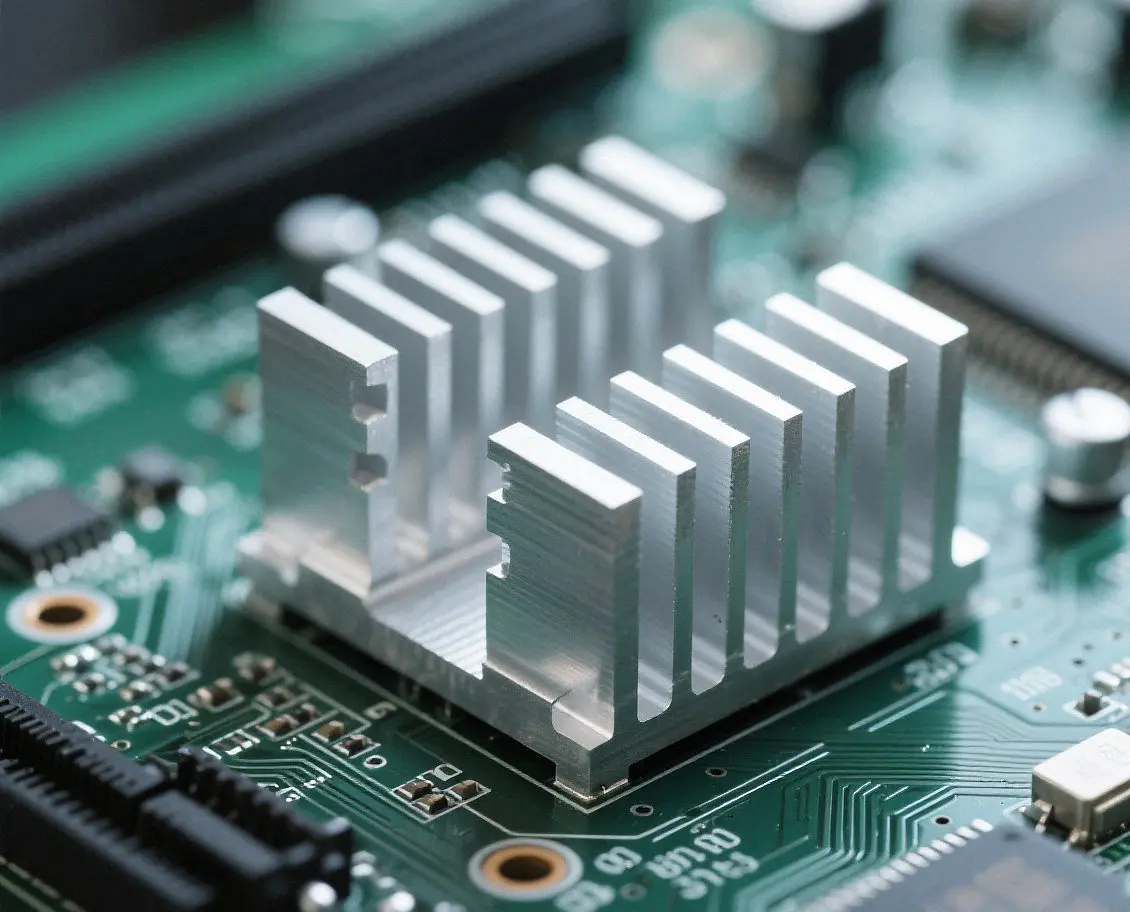 Precision-machined aluminum heat sink mounted on a PCB.