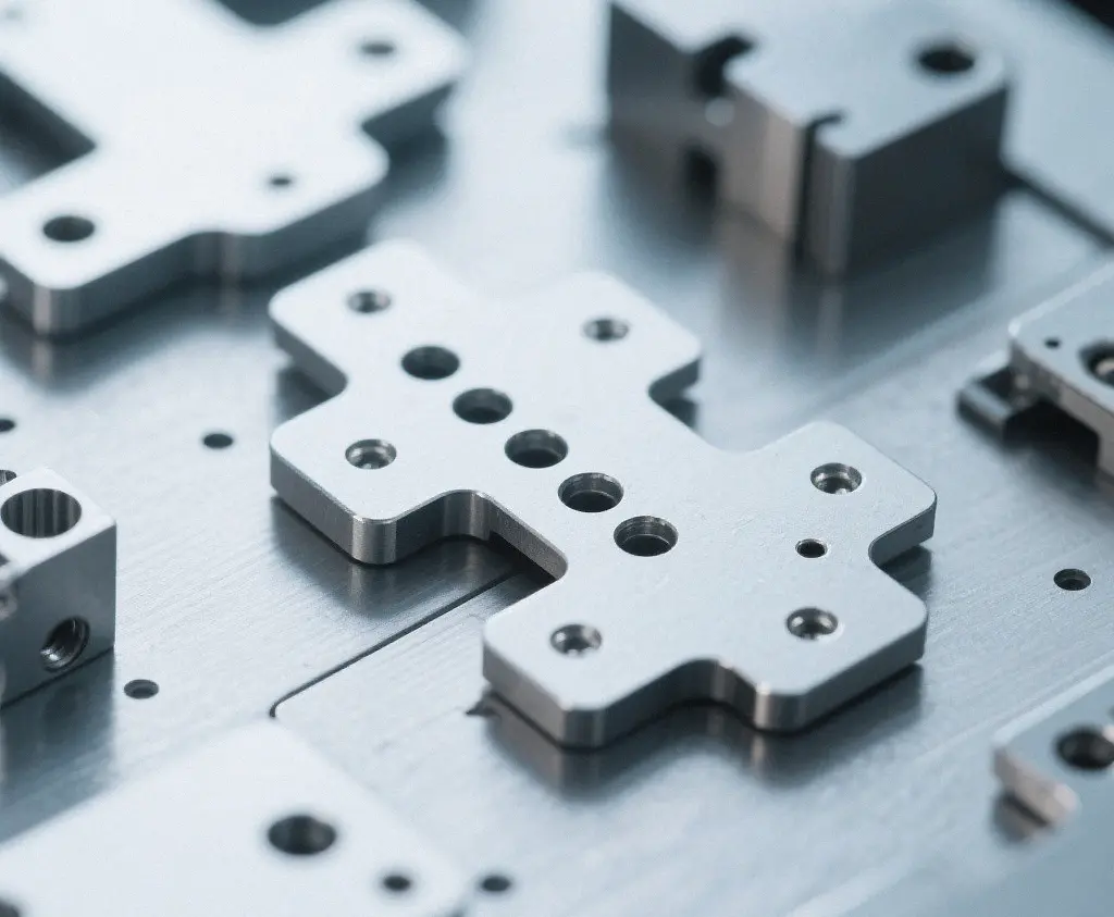 Close-up of precision machined sheet metal electronics components with ultra tight tolerances for electronic equipment manufacturing