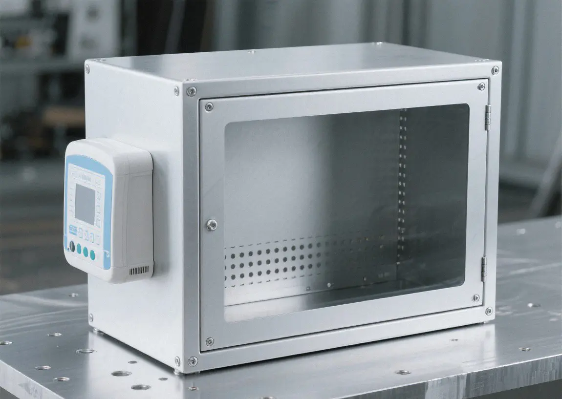 IP-rated aluminum enclosure with EMI shielding and thermal-management features for a portable medical monitor.