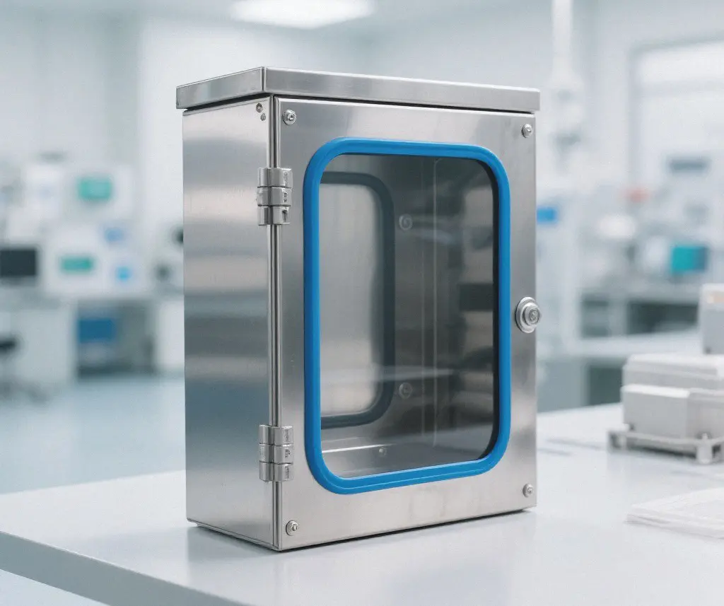 Sealed, IP-rated stainless steel enclosure with a gasket for medical equipment.