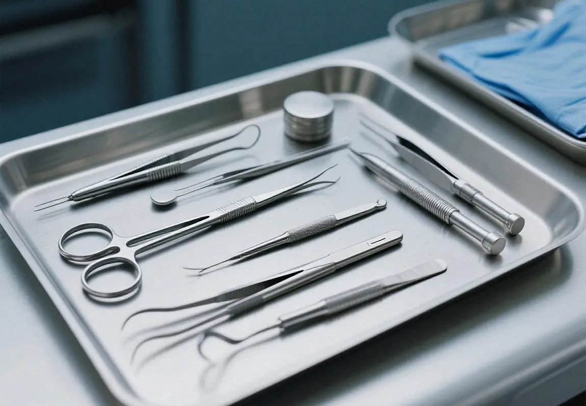 Biocompatible stainless steel surgical instrument tray and precision metal tools for clinical medical environments
