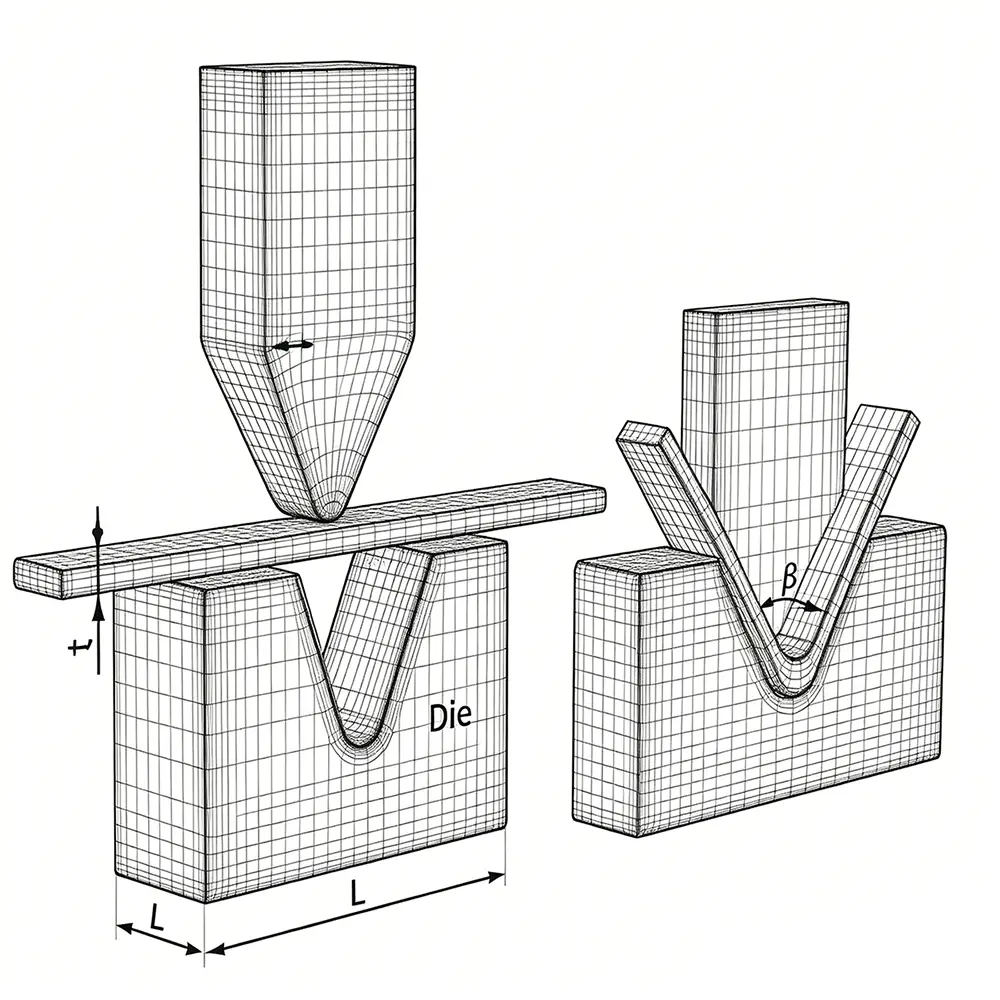 Diagram of bottom bending in a V-die