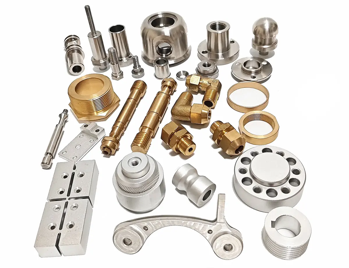 CNC-machined aluminum shafts, brass fittings, and stainless-steel sleeves