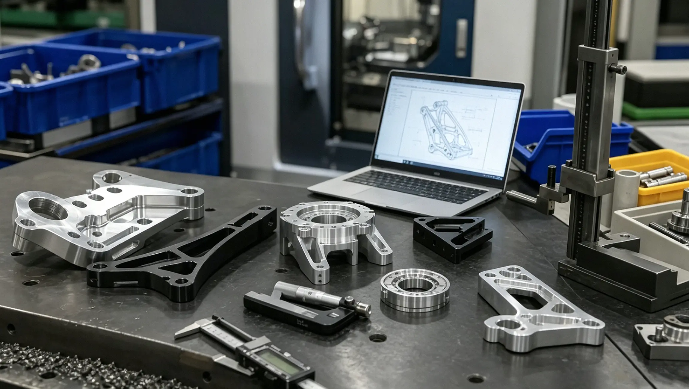 Row of CNC machining centers in a production workshop
