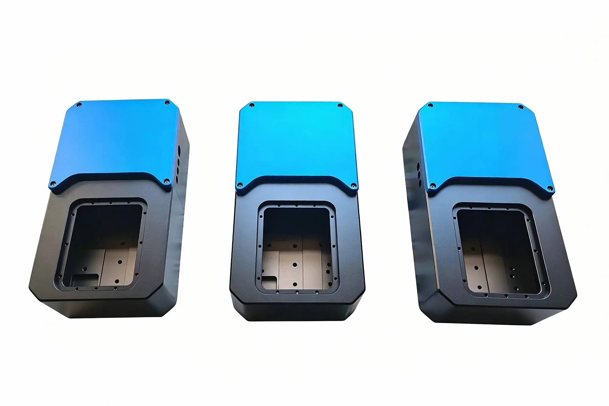 CNC-milled aluminum enclosure with a blue anodized cover