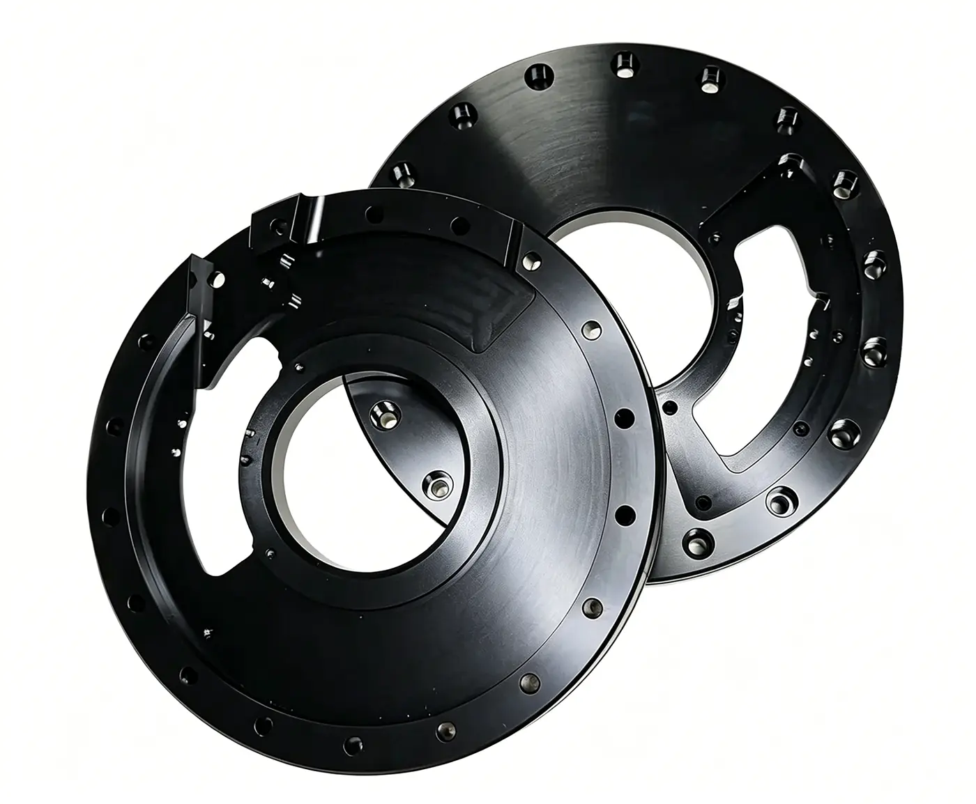 CNC-milled hard-anodized aluminum flange plates