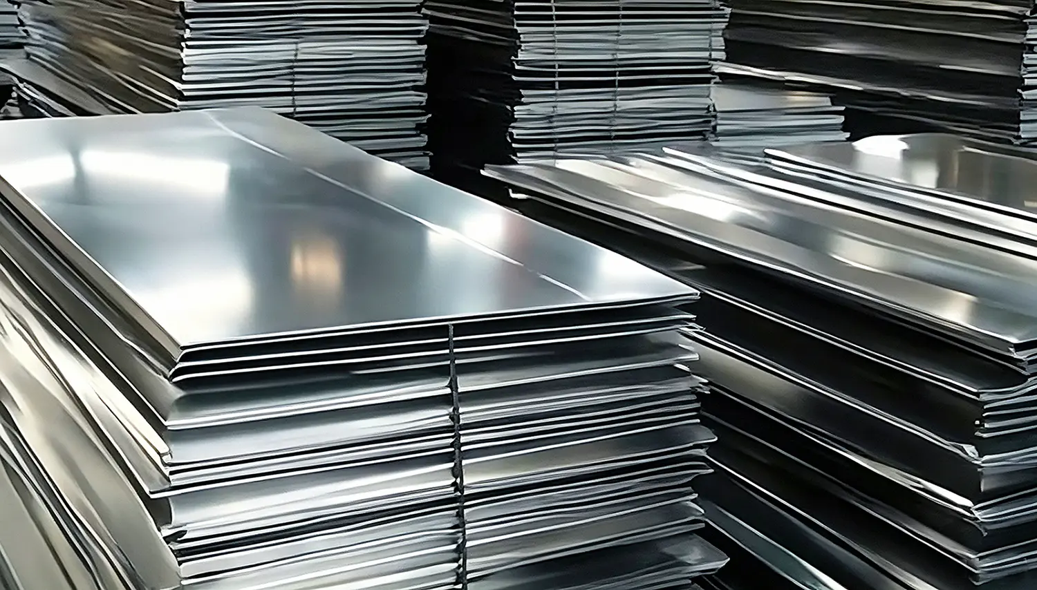 Stacked polished stainless steel sheets in factory storage area