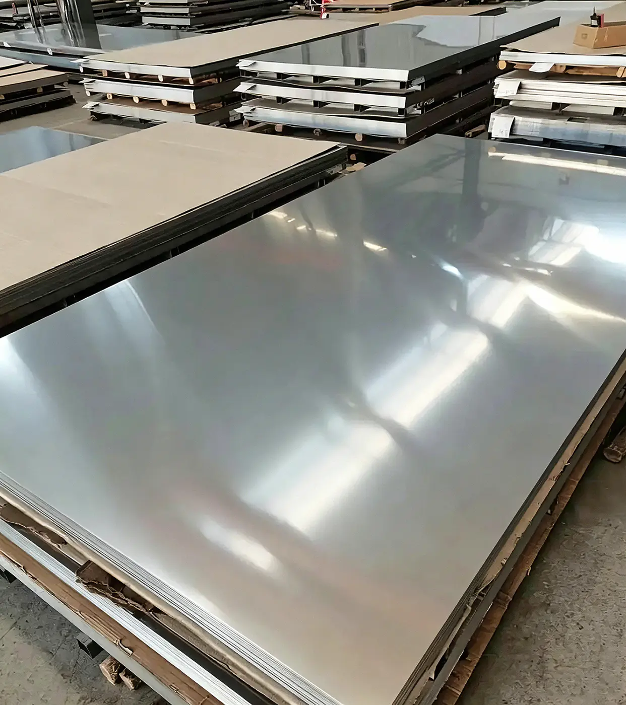 Stacked polished stainless steel and aluminum sheet metal raw materials stored in fabrication factory warehouse