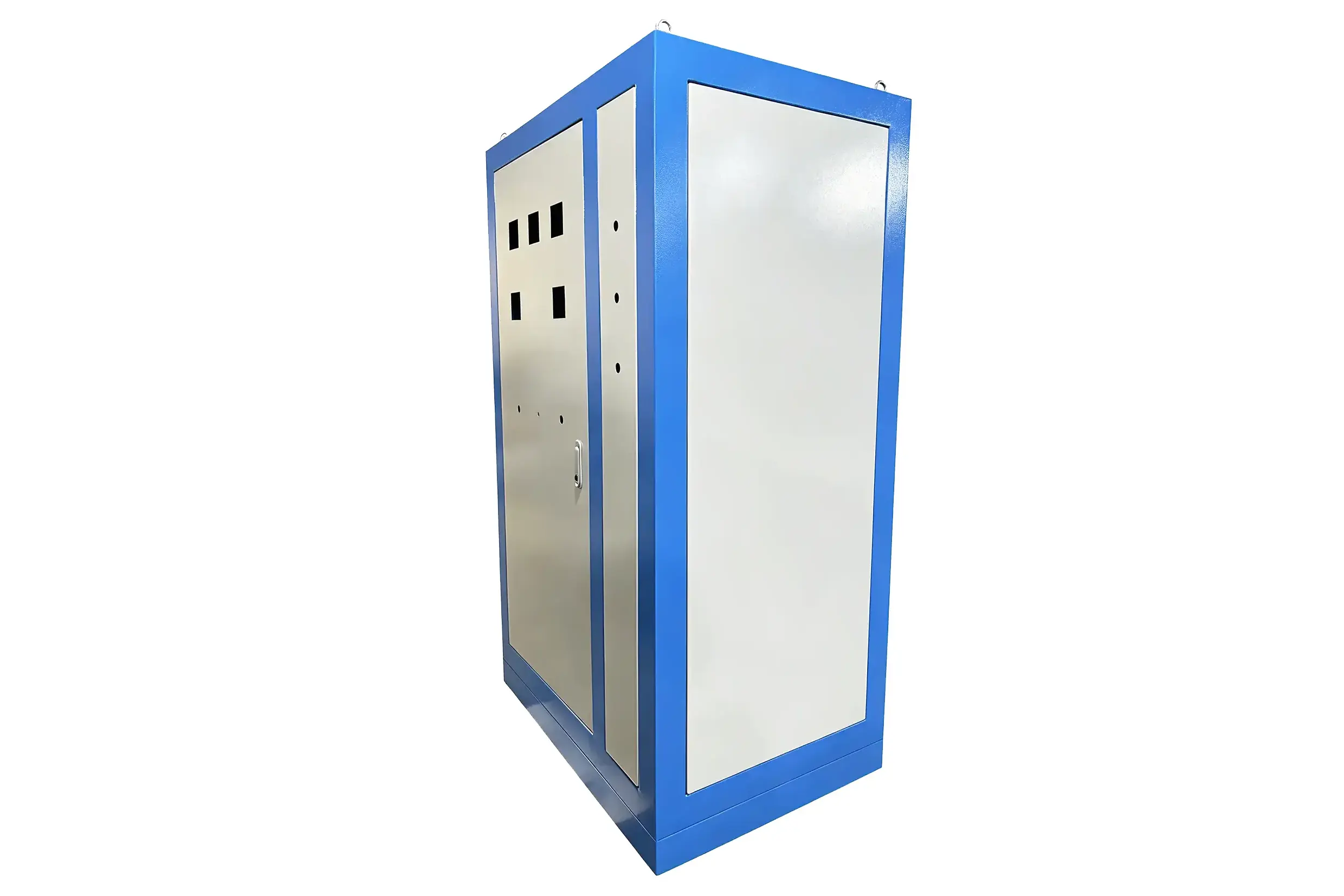 Powder-coated electrical control cabinet with panel cutouts and a lockable door
