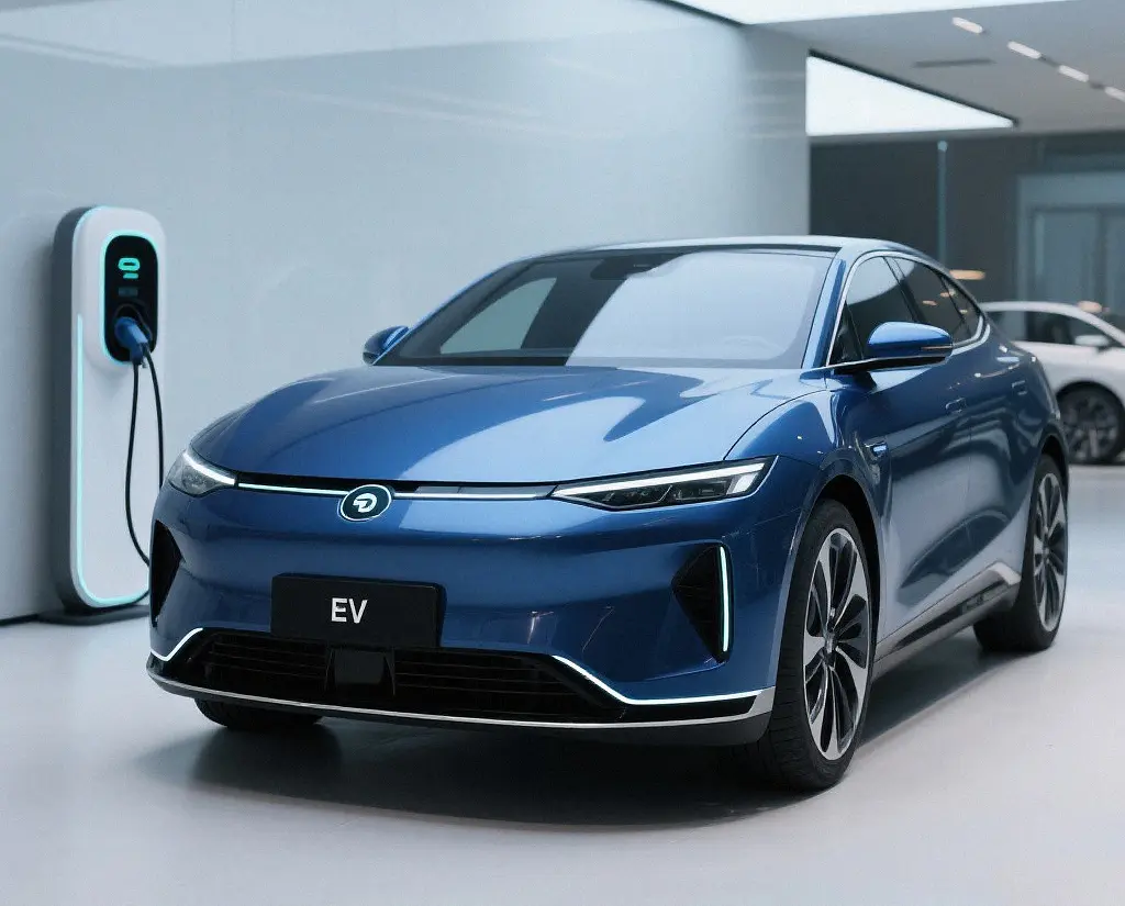 Electric vehicle beside a wall-mounted charging station