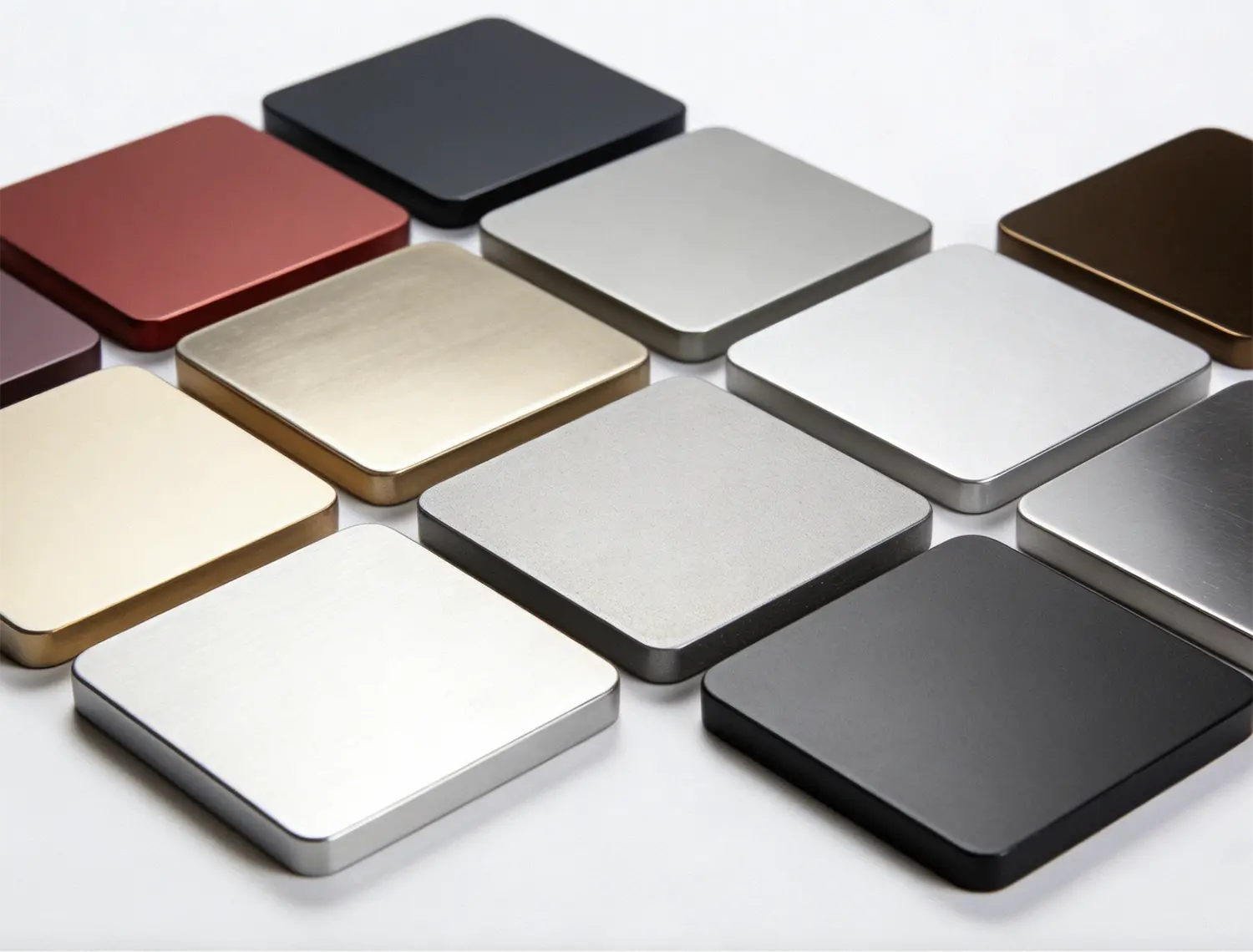 Metal sample panels with anodized, brushed, polished, and powder-coated finishes