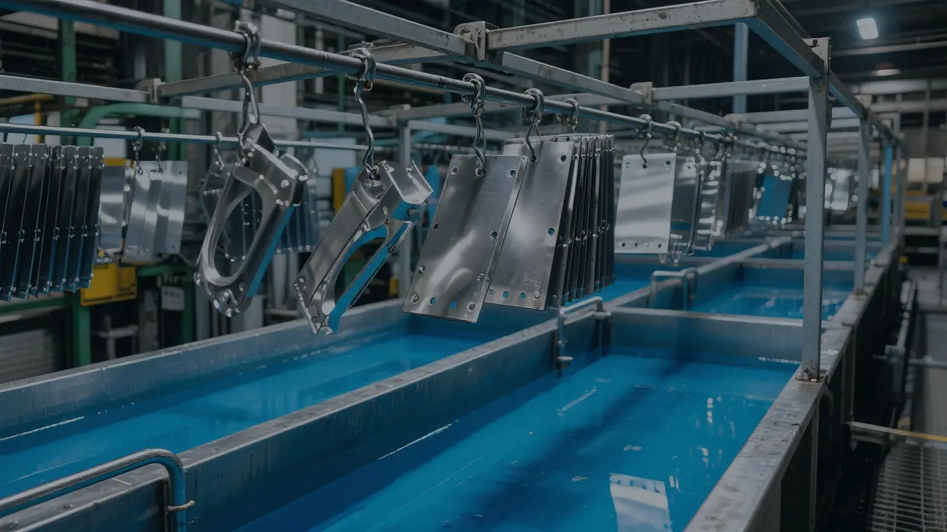 Sheet-metal parts hanging on an automated surface-finishing line