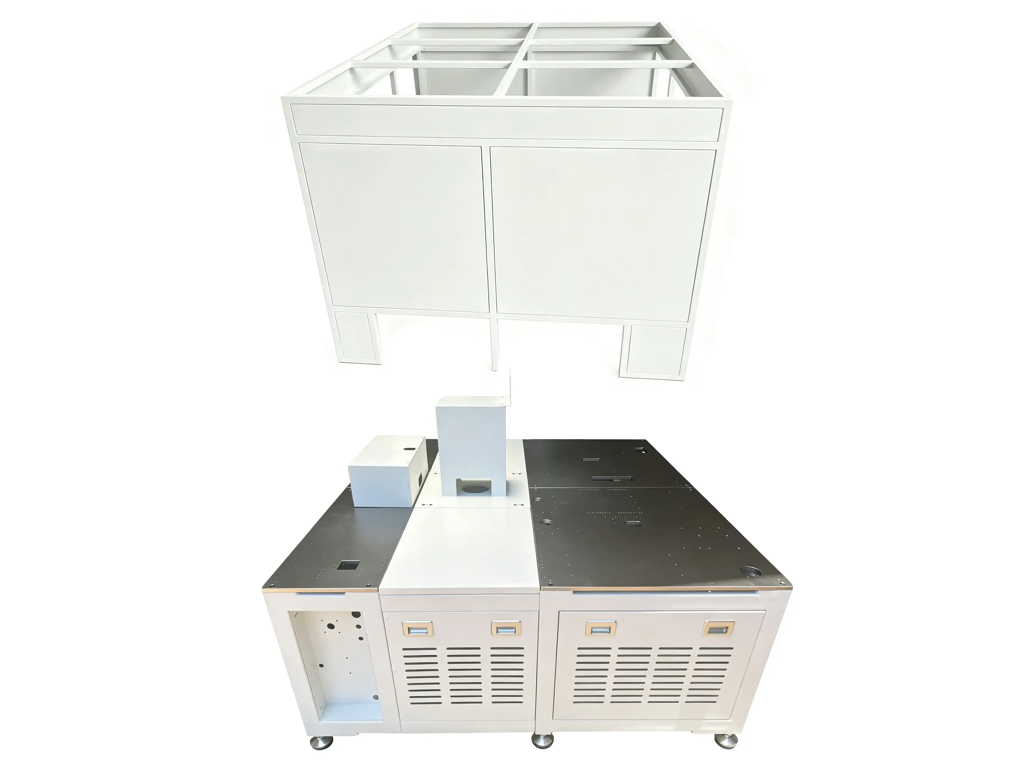 Custom modular spliced metal cabinet housing for industrial CT scanning equipment with ventilation drawers and leveling feet